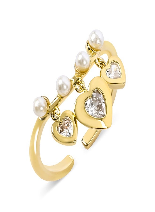 MOONWALTZ Gold Pearl Heart Ring for Women - 14K Gold Plated Dangle Charm, Elegant Open Adjustable Cubic Zirconia Statement Ring With Pearl - Wedding Summer Party Trendy Jewelry Gift - Image 1